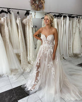 A Line Sweetheart Lace Summer Wedding Dresses Boho Tulle with slit - MyChicDress